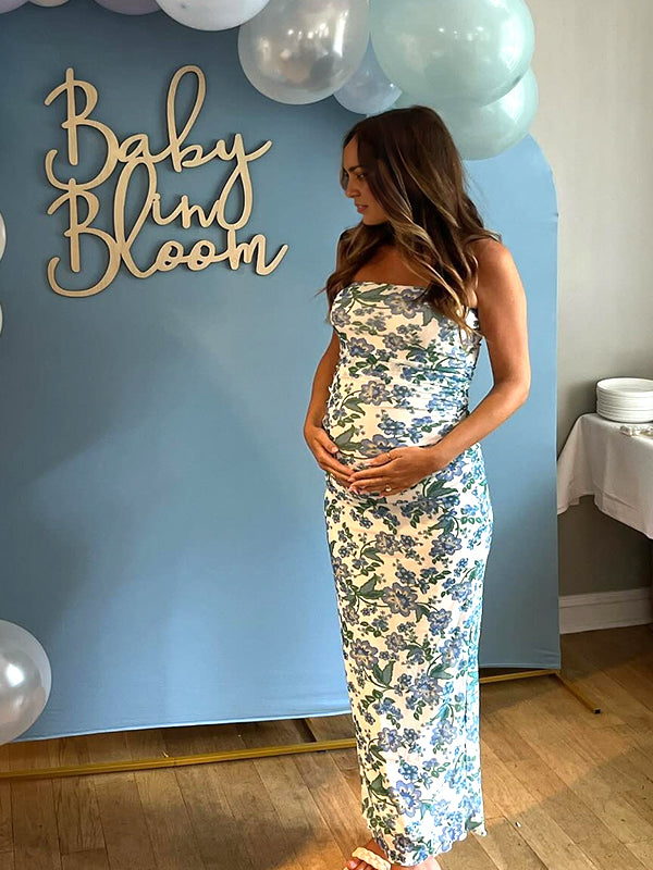 Momyknows Blue Print Sheer Grenadine Maternity Baby Shower Maxi Dress