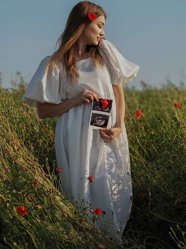 Momyknows White Ruched Flower Bud Skirt Maternity Photoshoot Maxi Dress