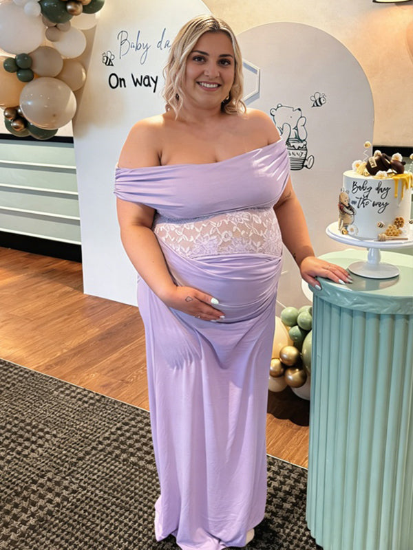 Momyknows Off Shoulder Backless Lace Spliced Maternity Baby Shower Maxi Dress