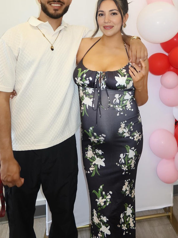 Momyknows Black Spaghetti Straps Print Backless Maternity Baby Shower Maxi Dress