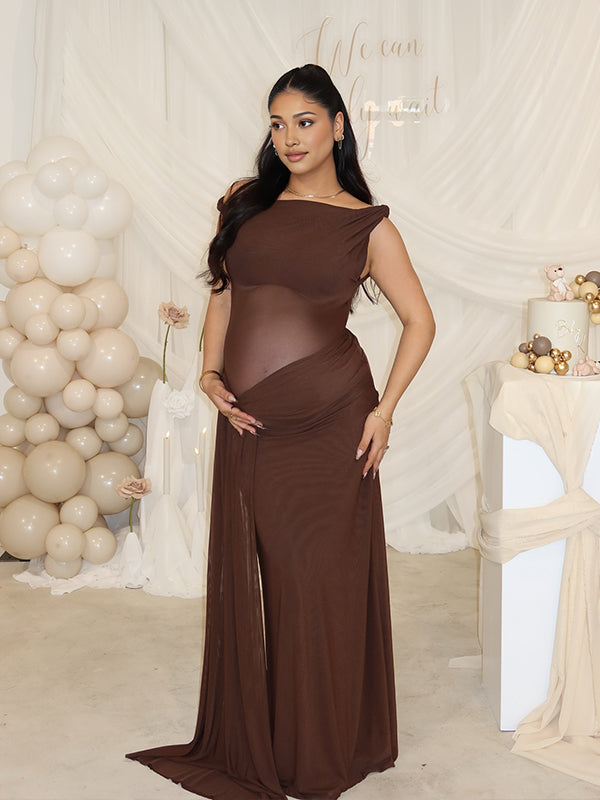 Momyknows Dark Brown Oblique Shoulder Sheer Draped Hem Ruched Maternity Baby Shower Maxi Dress