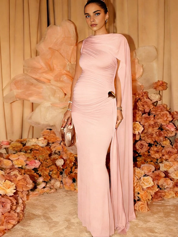 Momyknows Pink Ruched Cape Ribbon Maternity Photoshoot Maxi Dress