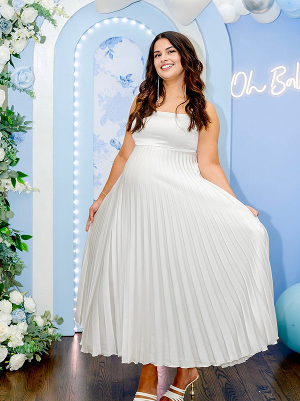 Momyknows White Spaghetti Straps Draped Hem Maternity Baby Shower Maxi Dress