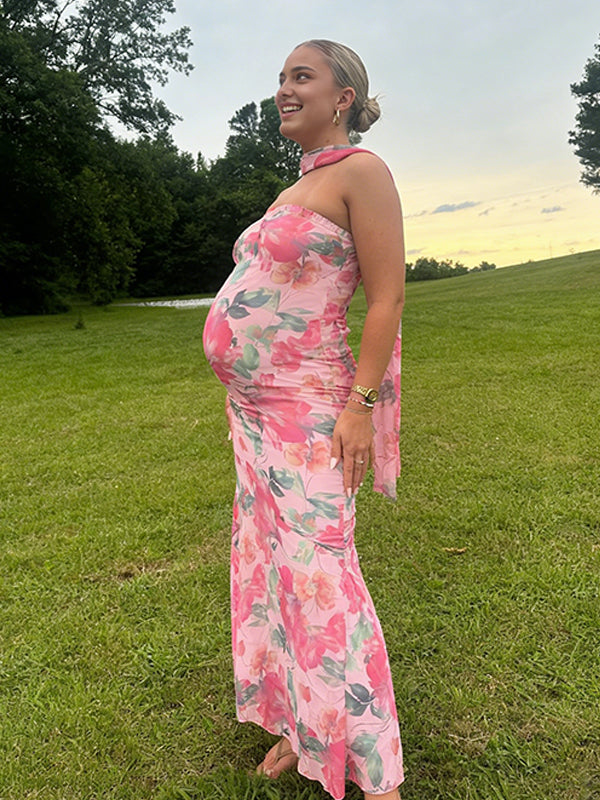 Momyknows Purple Print Open Back Ribbon Maternity Photoshoot Maxi Dress