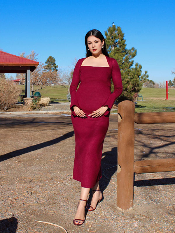 Momyknows Red Bell Sleeve Crochet Vintage Elegant Maternity Photoshoot Maxi Dress