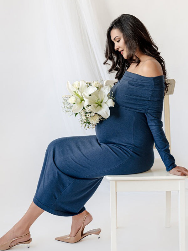 Momyknows Navy Blue Off Shoulder Ruched Maternity Photoshoot Maxi Dress