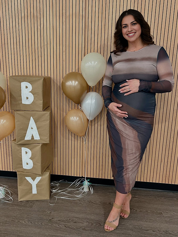 Momyknows Blue Khaki Striped Bodycon Maternity Baby Shower Maxi Dress