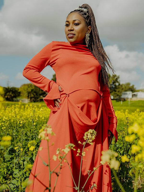 Momyknows Red High Neck Flare Sleeve Maternity Photoshoot Maxi Dress