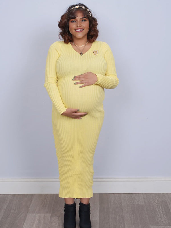 Momyknows Yellow Crochet V Neck Plus Size Maternity Photoshoot Maxi Sweater Dress