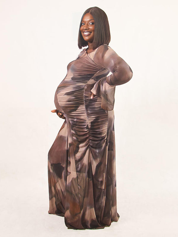 Momyknows Light Brown Slanted Collar Print Smocking Maternity Photoshoot Maxi Dress