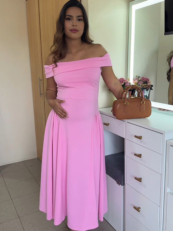 Momyknows Off Shoulder Dropped Waist Voluminous Panels A-line Maternity Maxi Dress