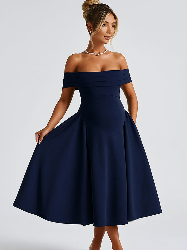 drop waist maternity dress Momyknows Off Shoulder Dropped Waist Voluminous Panels A-line Maternity Maxi Dress Navy Blue / S
