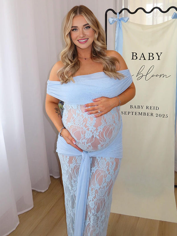 Momyknows Blue Lace Mesh Off Shoulder Knot Ruched Draped Sheer Maternity Maxi Dress