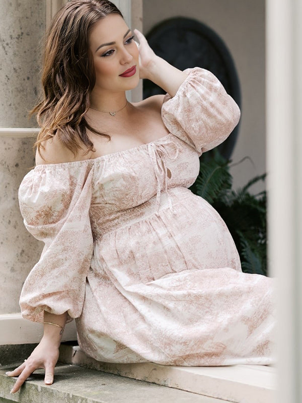 Momyknows Floral Smocked Lace-Up Off Shoulder A-line Maternity Maxi Dress