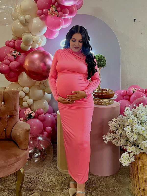 Momyknows Rose Carmine Round Neck Bodycon Ruched Maternity Baby Shower Maxi Dress