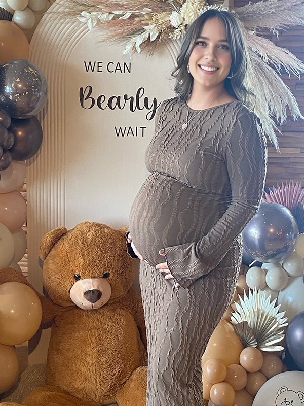 Momyknows Coffee Side Slit Thread Maternity Baby Shower Maxi Dress