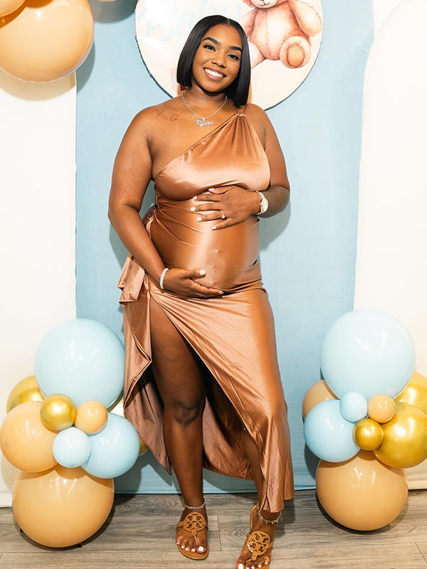 Momyknows Brown Satin One Shoulder Ruffle Side Slit Backless Maternity Maxi Dress