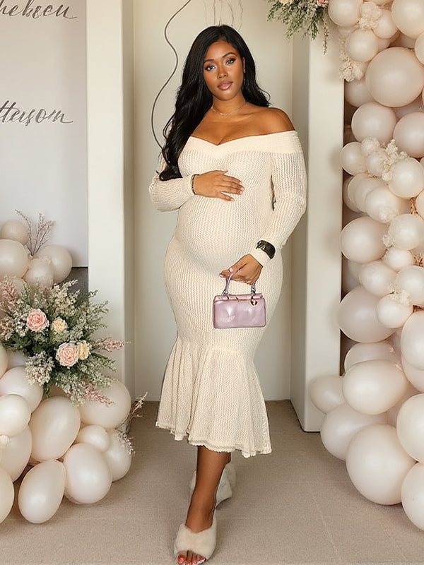 Momyknows Beige Crochet Lace Off Shoulder Ruffle Mermaid Maternity Maxi Dress