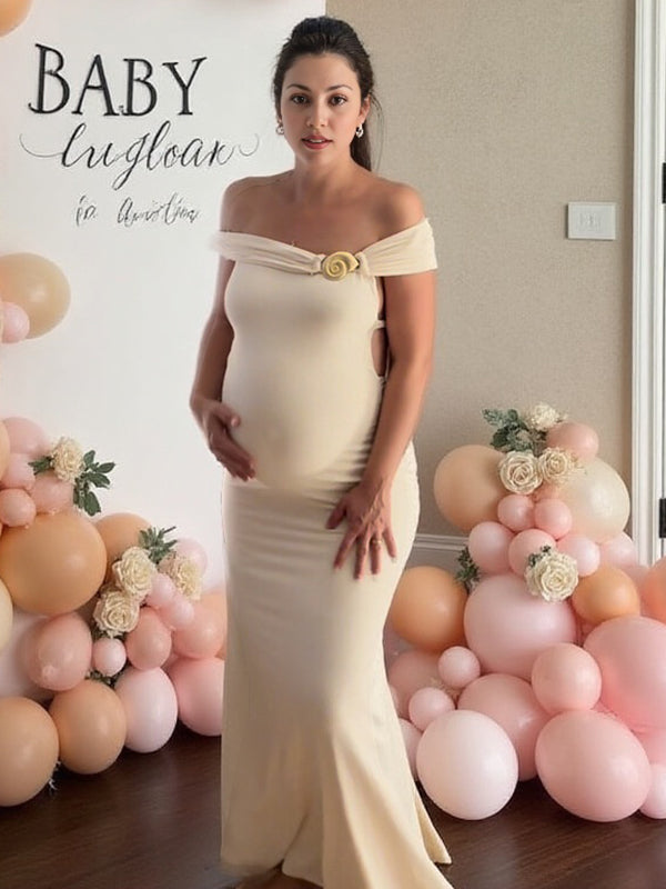 Momyknows Off Shoulder Ruched Metal Buckle Backless Mermaid Maternity Maxi Dress