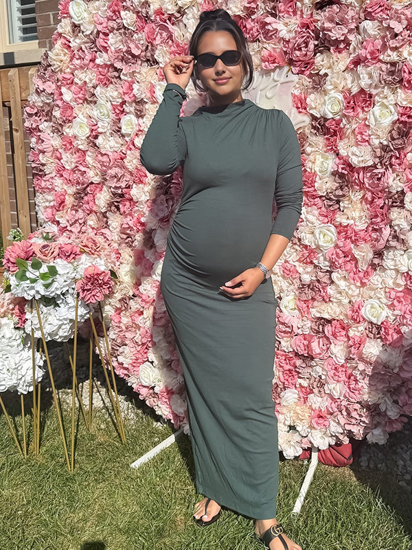 Momyknows Dark Grey Ruched Round Neck Maternity  Baby Shower Maxi Dress