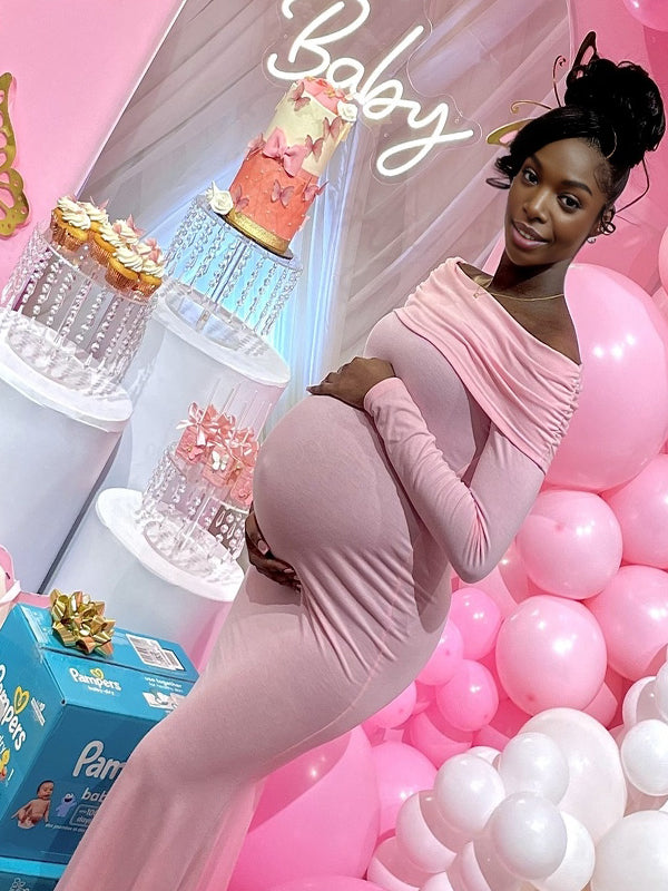 Momyknows Pink Off Shoulder Open Back Maternity Baby Shower Maxi Dress