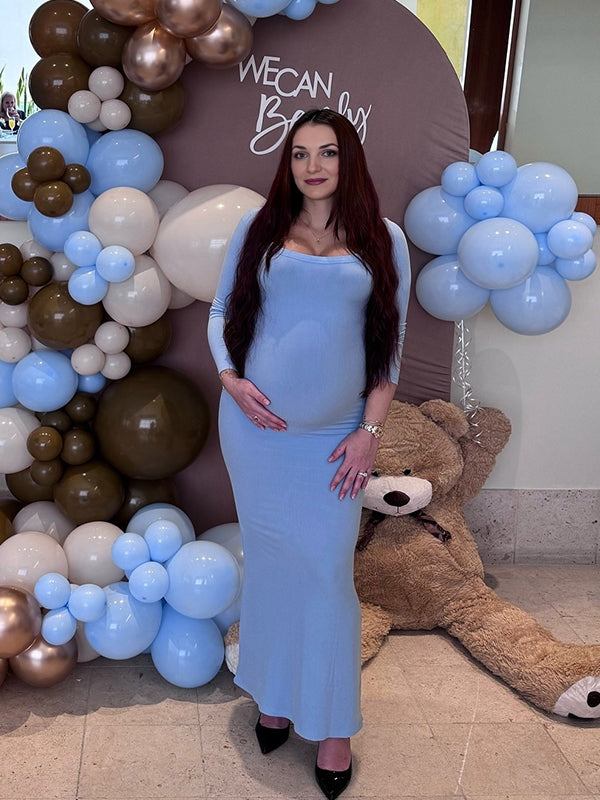 Momyknows Light Blue Round Neck Bodycon Maternity Baby Shower Maxi Dress