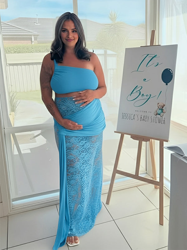 Momyknows Lace Patchwork One Shoulder Ruched Cut Out Draped Maternity Maxi Dress
