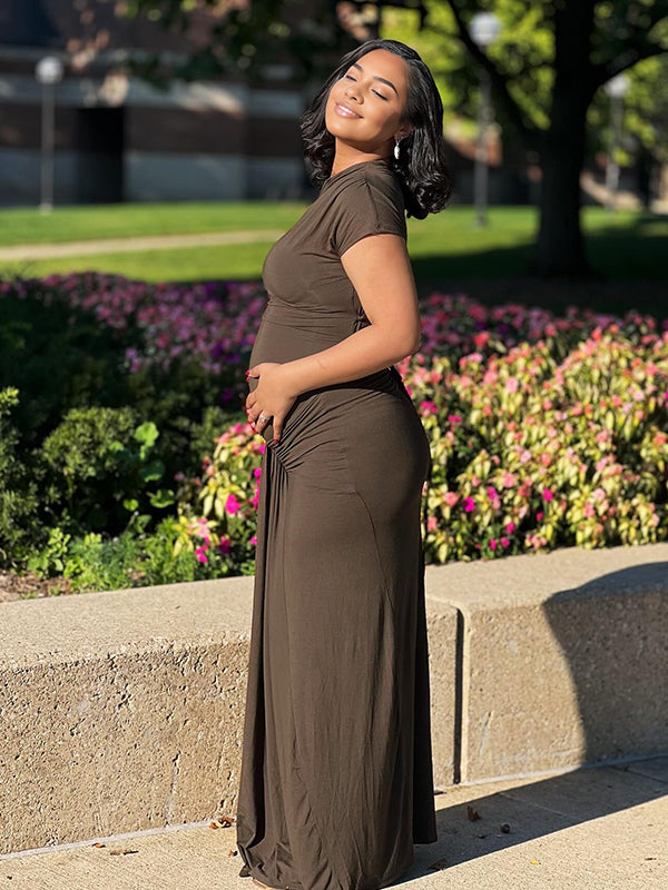 Momyknows Black Ruched Draped Tie Back Bodycon Maternity Maxi Dress