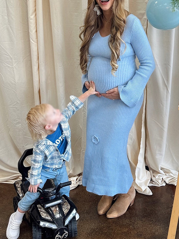 Momyknows Knit 3D Flowers V-Neck Flare Sleeve Bodycon Maternity Maxi Dress Blue / M Momyknows Knit 3D Flowers V-Neck Flare Sleeve Bodycon Maternity Maxi Dress Blue / M