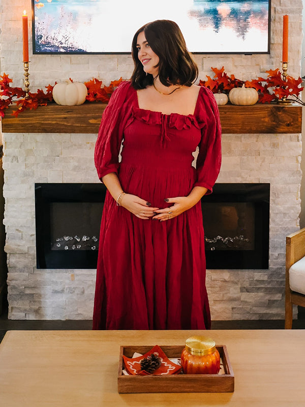 Momyknows Red Ruffle Ruched Lace-up Square Neck A-line Maternity Maxi Dress