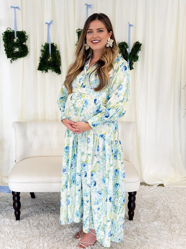 Momyknows Green Floral Belt Single Breasted Turndown Collar Maternity Maxi Dress