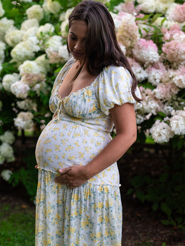 Momyknows Floral Lace-up Smocked Big Swing Boho Maternity Maxi Dress
