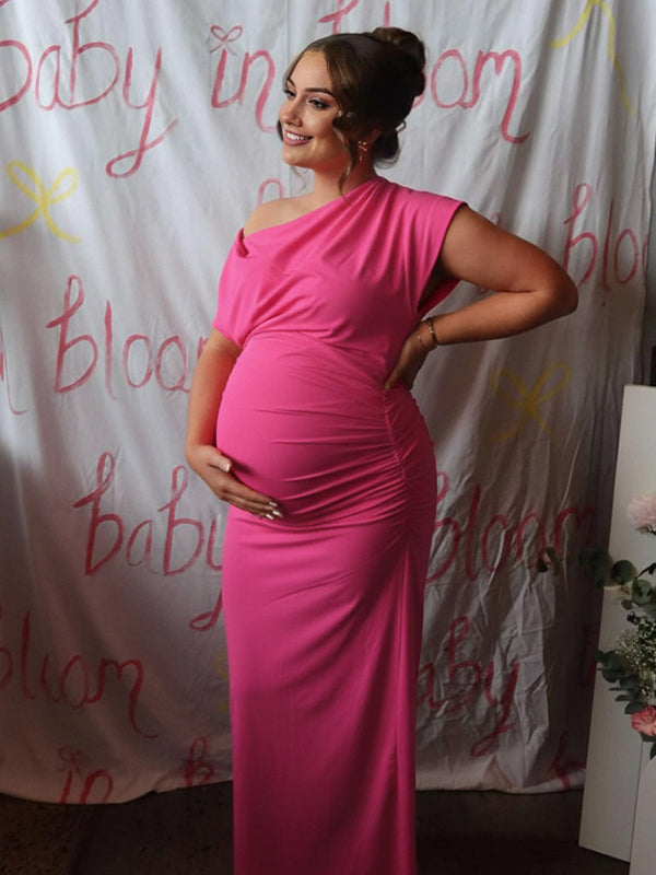 Momyknows Rose Carmine One Shoulder Ruched Bodycon Maternity Maxi Dress