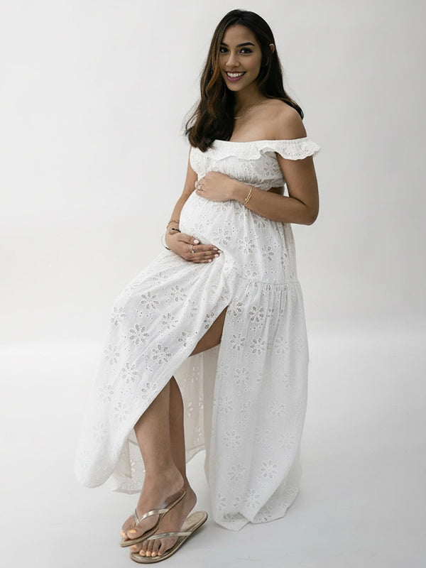 Momyknows White Hollow Out Ruffle Side Slit Backless Boho Maternity Maxi Dress