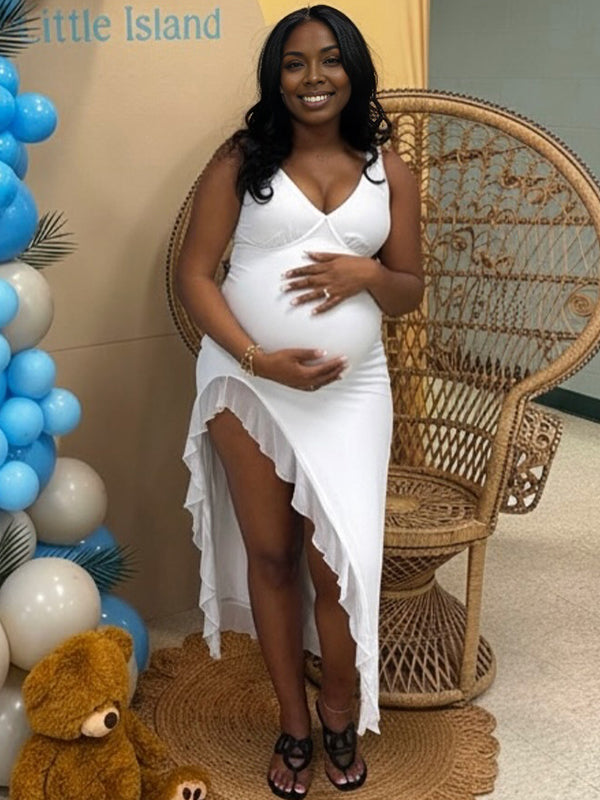 Momyknows White Ruffle Ruched Side Slit Maternity Maxi Dress