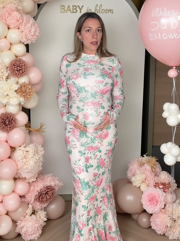 Momyknows Beige Floral Textured Ruffle Mermaid Elegant Maternity Maxi Dress