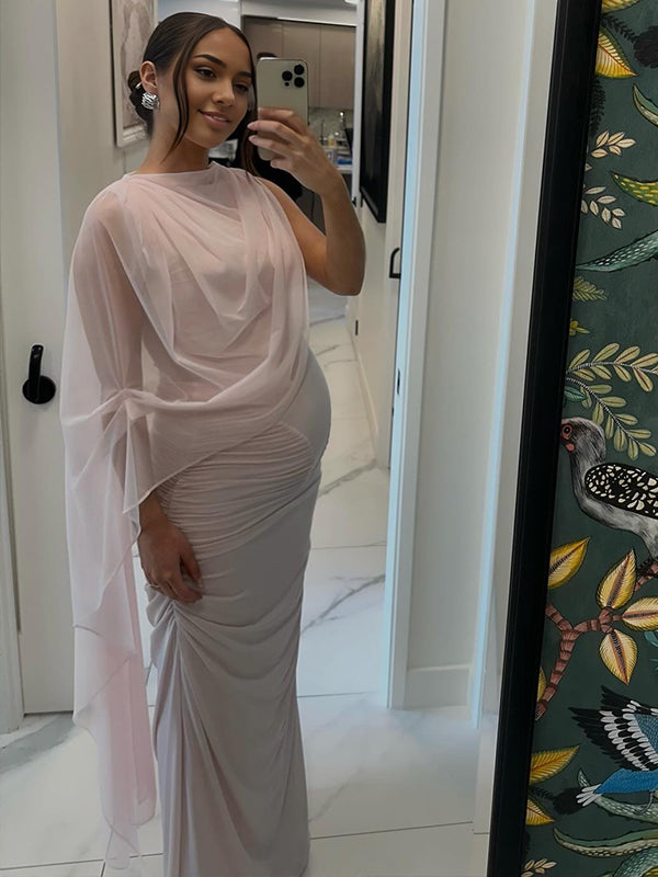 Momyknows Pink Mesh Ruched One Shoulder Cape Bodycon Maternity Maxi Dress