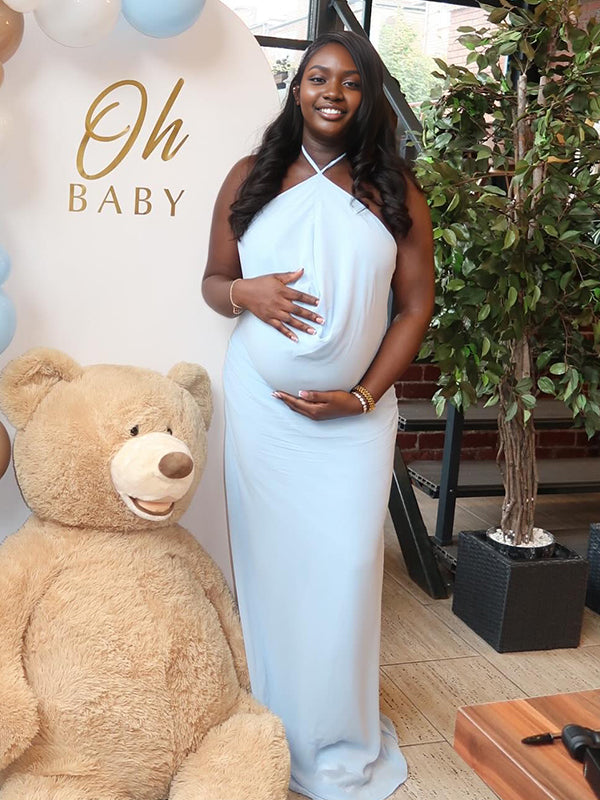 Momyknows Blue Ruched Cami Backless Cowl Neck Bodycon Maternity Maxi Dress