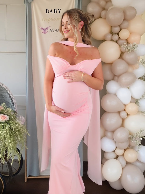 Momyknows Mesh Off Shoulder Ruched Draped Scarf Backless Maternity Maxi Dress