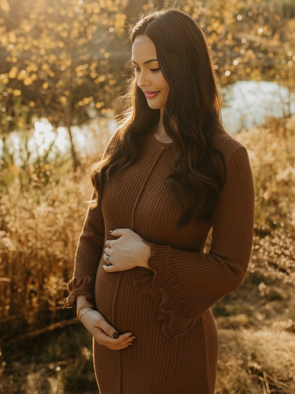 Momyknows Brown Knit Ruffle Beackless Flare Sleeve Maternity Maxi Dress