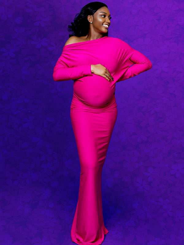 Momyknows One Shoulder Ruched Mermaid Maternity Maxi Dress