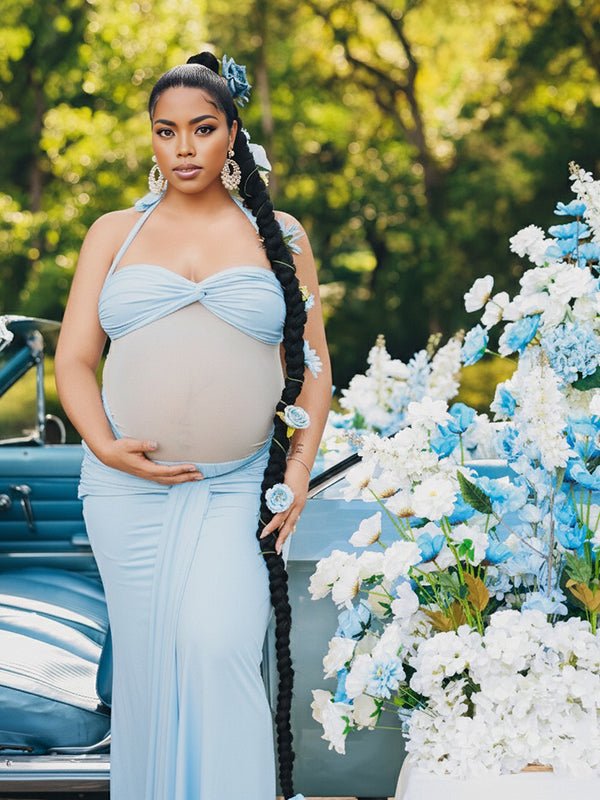 Momyknows Ruched Mesh Draped Halter Neck Backless Maternity Maxi Dress, Blue / S