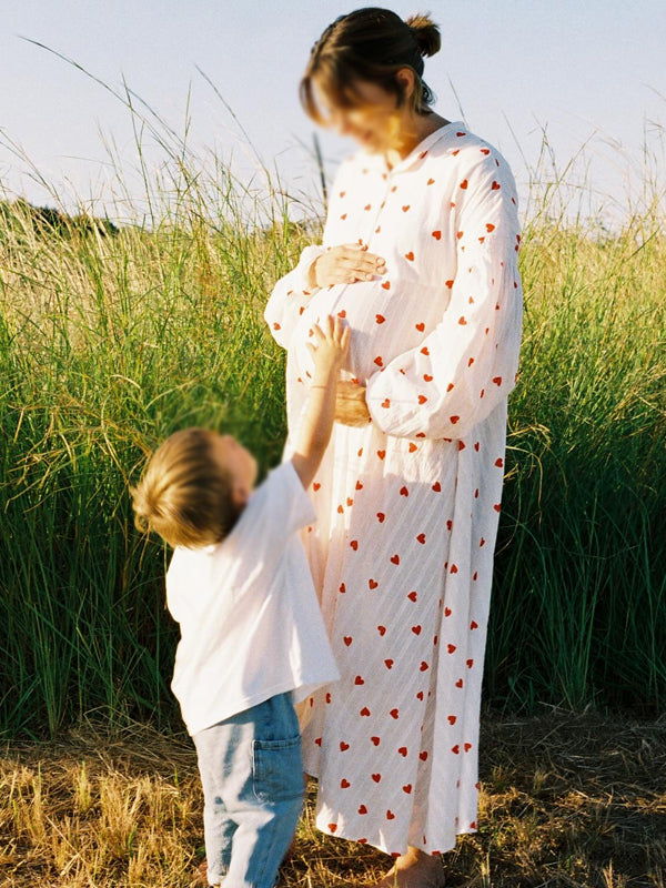 Momyknows White Print Button Lantern Sleeve Maternity Photoshoot Maxi Dress