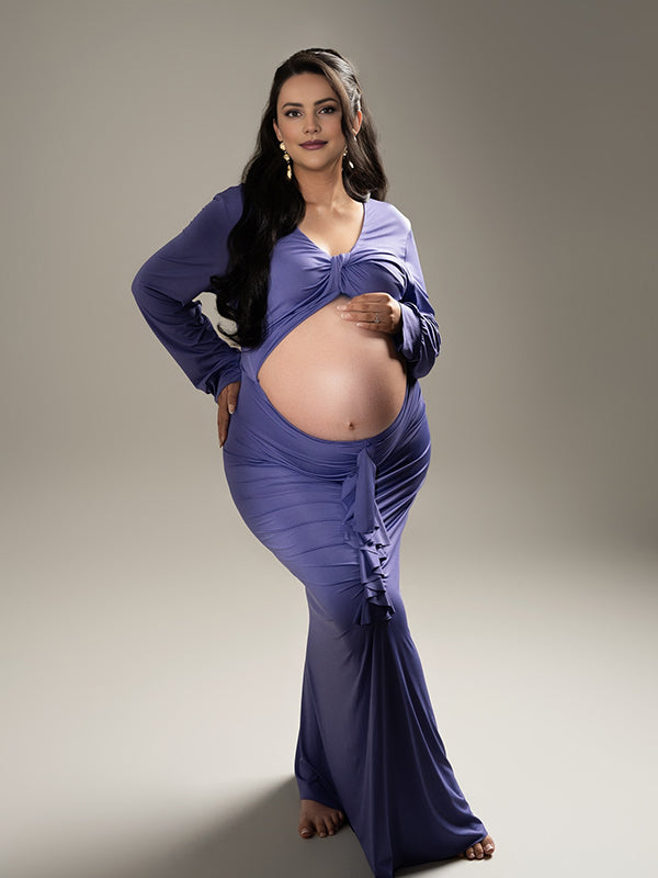 Momyknows Purple Deep V Knot Ruched Maternity Photoshoot Maxi Dress