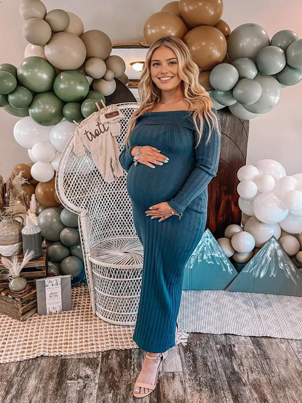 Momyknows Off Shoulder Backless Crochet Maternity Sweater Baby Shower Maxi Dress