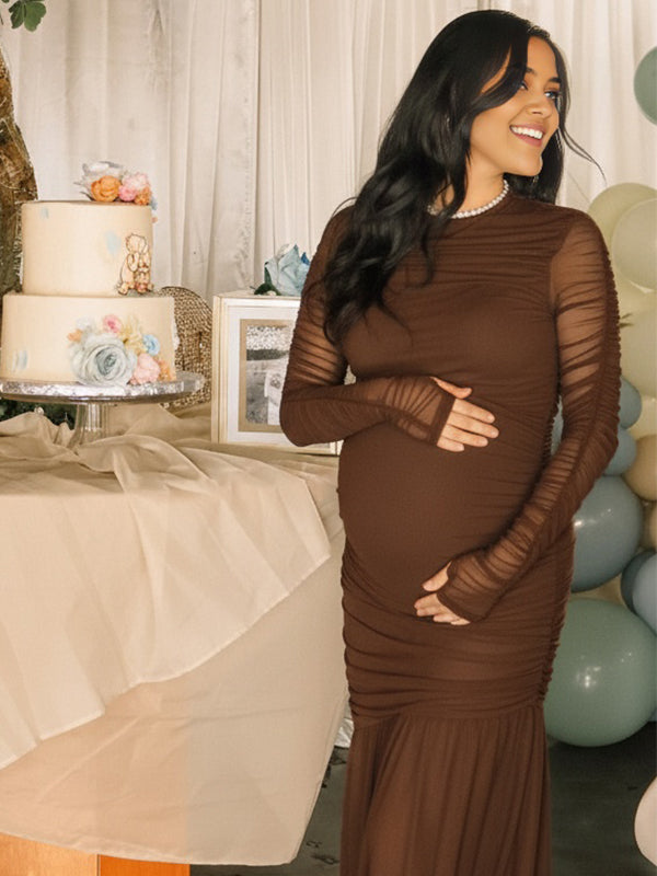 Momyknows Mesh Ruched Mermaid Sheer Maternity Maxi Dress