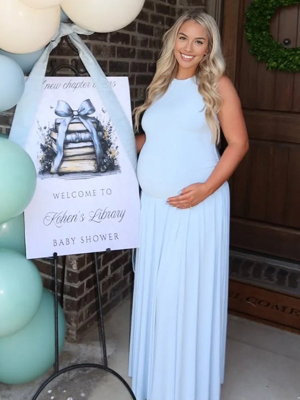 Momyknows Blue Ruched Ruffle Pockets Big Swing Sleeveless Maternity Maxi Dress