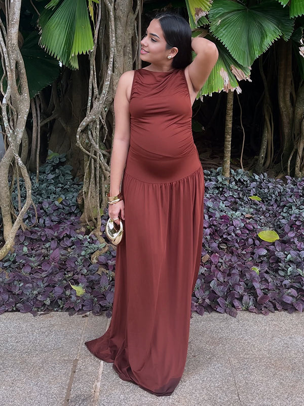 Momyknows Brown Ruched Ruffle Big Swing Sleeveless Maternity Maxi Dress