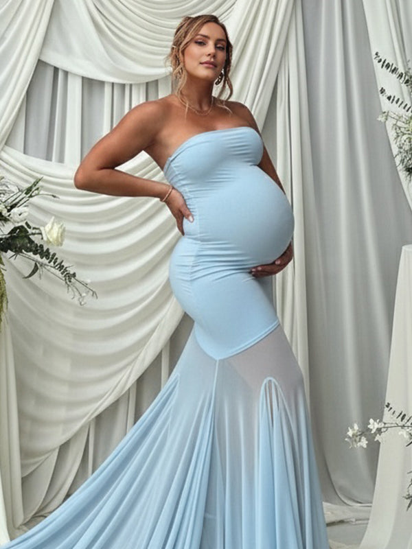 Momyknows Bandeau Mesh Patchwork Strapless Mermaid Maternity Maxi Dress