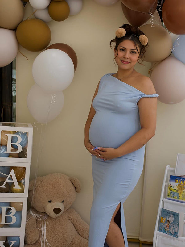 Momyknows One Shoulder Ruched Side Slit Bodycon Maternity Maxi Dress
